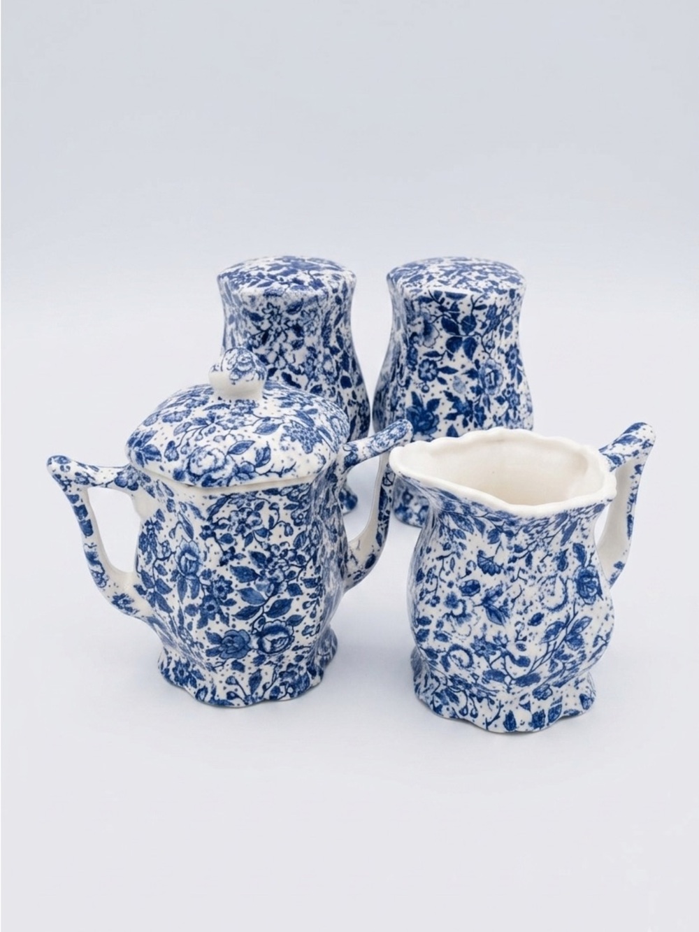 Vintage Enesco Blue Chintz Sugar Creamer Salt and Pepper Shakers 4-Pc Set